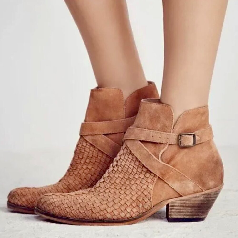 Free People Tan Suede Woven Ankle Booties